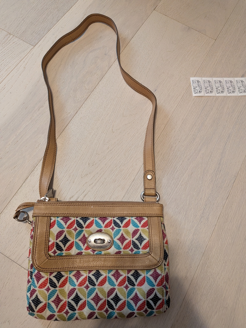 Fossil Multicolor Pattern Crossbody with Tan Trim